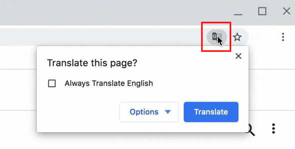 A diagram showing the translate icon in the Google Chrome address bar.